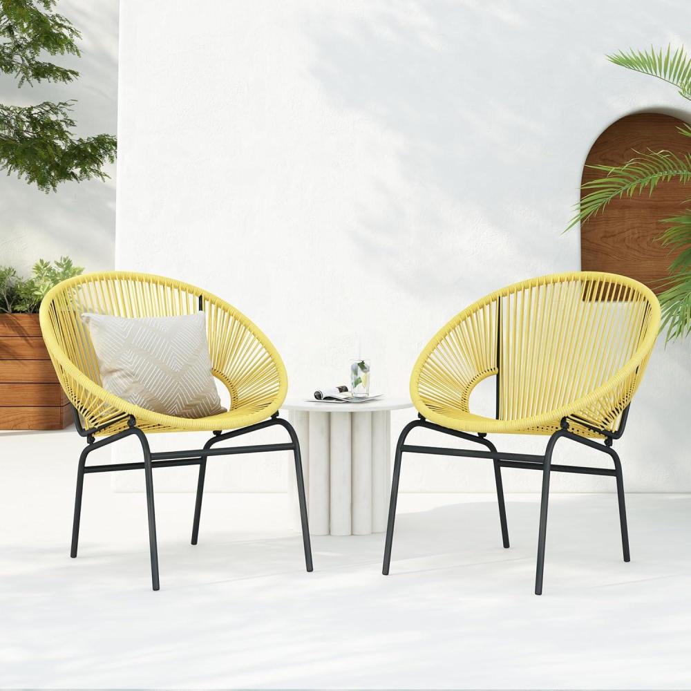 imageChristopher Knight Home Outdoor Wicker Club Chairs Set of 2 Iron Frame Papasan Chairs for Patio Furniture Set Poolside Garden Comfy Sofa Set GreenYellow