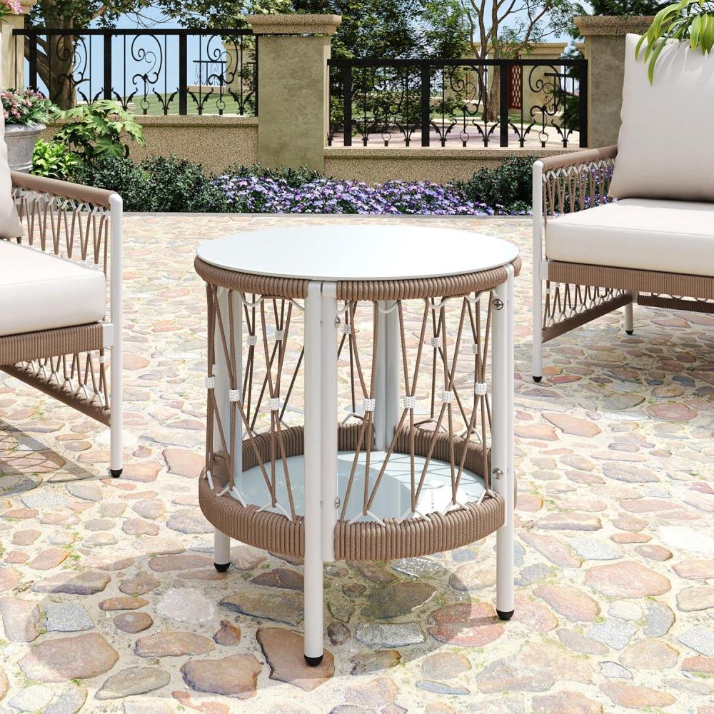 imageChristopher Knight Home Packy Bohemian Outdoor Side Table with Storage Shelf Glass Top Small Patio Round Coffee Table Sofa End Table for Patio Furniture Set with Metal Frame WhiteBeige