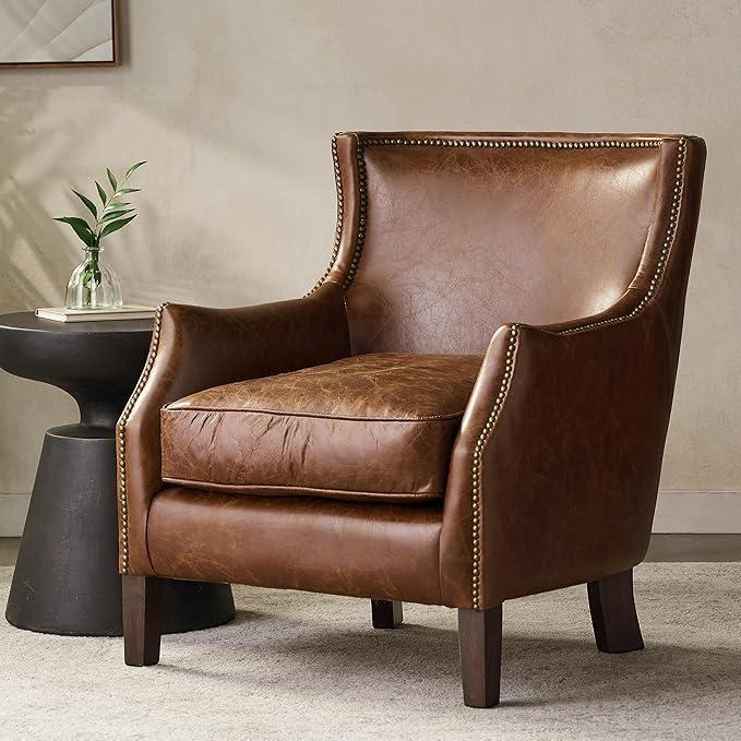imageChristopher Knight Home Padon MidCentury Modern TopGrain Leather Accent Chair with Cushion Modern Wingback Living Room Club Chair Wooden Bedroom Comfy Reading Chair Brown