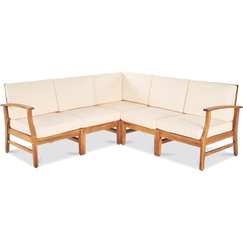 imageChristopher Knight Home Perla 5 Piece Patio Furniture Set 5 Seater Acacia Wood Outdoor Corner Sofa Set Patio Sectional Sofa Couch with Water Resistant Cushions TeakCream