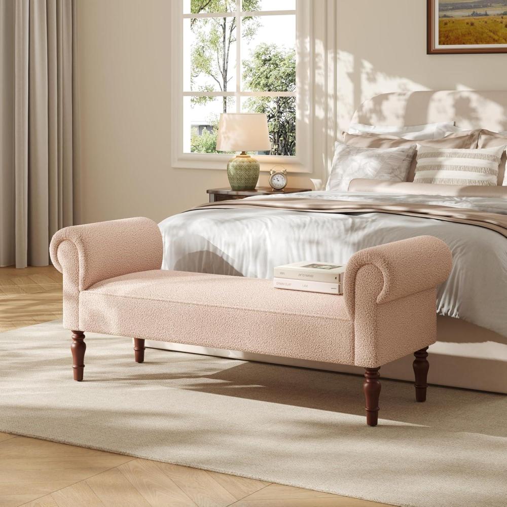 imageChristopher Knight Home Peter 59quot Teddy Fabric Upholstered End of Bed Ottoman Wooden Ottoman Bench with Rolled Arms Long Entryway Foot Rest Bedroom End of Bed Foot Stools GreyLight Khaki