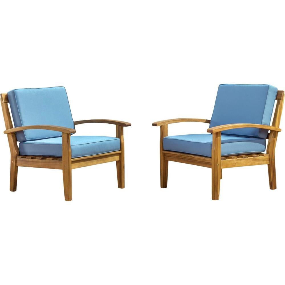 imageChristopher Knight Home Peyton Outdoor Wooden Club Chairs with Cushions 2Pcs Set Teak Finish Blue