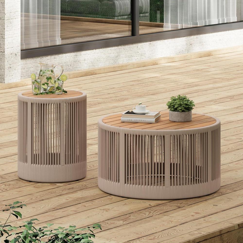 imageChristopher Knight Home Peyz Acacia Wood Outdoor Side Table Set of 2 with Woven Rope Design Patio Round Coffee Table Set with Small Side Desk Functionality Stylish 2 Tables for Garden Teak GreyTeak Beige