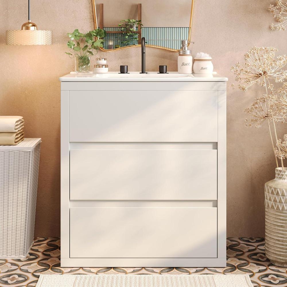 imageChristopher Knight Home Polla 30quot Bathroom Vanity with Ceramic Sink Wooden Bathroom Vanity Organizer Soft Closing Door Bathroom Vanity Cabinet Freestanding Pedestal Sink Storage Cabinet NaturalWhite