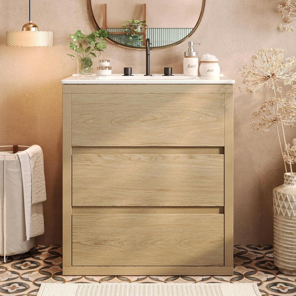 imageChristopher Knight Home Polla 30quot Bathroom Vanity with Ceramic Sink Wooden Bathroom Vanity Organizer Soft Closing Door Bathroom Vanity Cabinet Freestanding Pedestal Sink Storage Cabinet NaturalNatural
