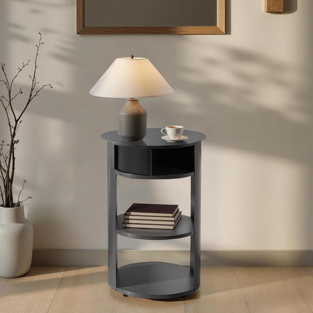 imageChristopher Knight Home Pomme 3Tier Metal Small Side Table Narrow Bedside Table with Sliding Door Cabinet Bedroom Decoration Organizer Round End Table with Storage Space Saving Matte WhiteMatte Black
