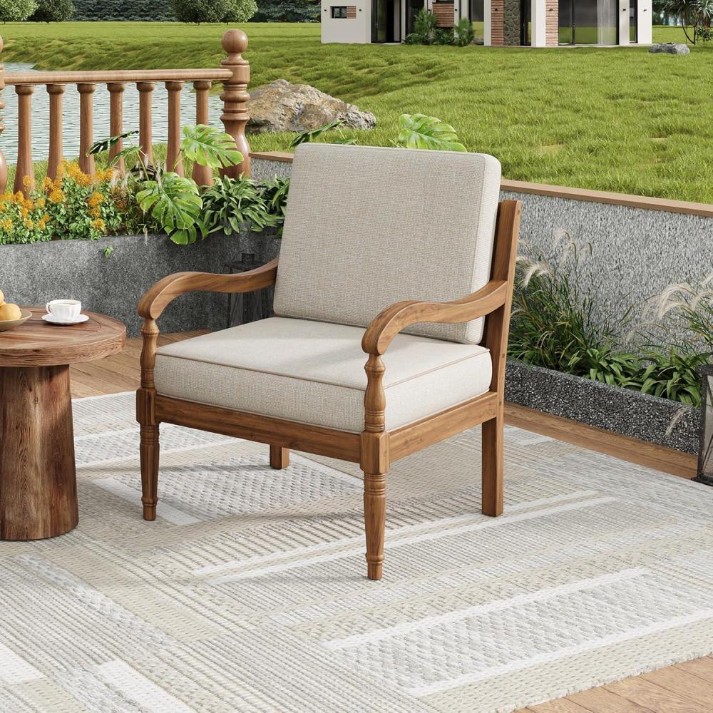 imageChristopher Knight Home Pyosik Acacia Wood Patio Chair Comfy Armchair with Thick Cushions Comfort Seating for Garden Backyard Poolside Wooden Lounge Chair Outdoor with Armrest Beige Natural