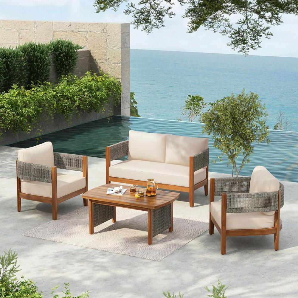 imageChristopher Knight Home Quixley Acacia Wood 4 Piece Patio Furniture Set Wooden Patio Conversation Set with Club Chair and Coffee Table 4Seater Outdoor Loveseat Sofa Chair and Table Set TeakBeige