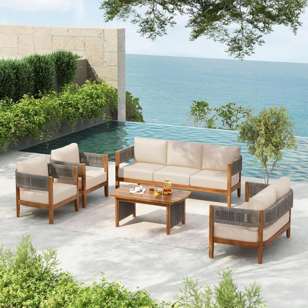 imageChristopher Knight Home Quixley Acacia Wood 5 Piece Patio Furniture Set Large Wooden Patio Conversation Set with Club ChairCoffee Table 7Seater Outdoor Loveseat Sofa Chair and Table SetTeakBeige