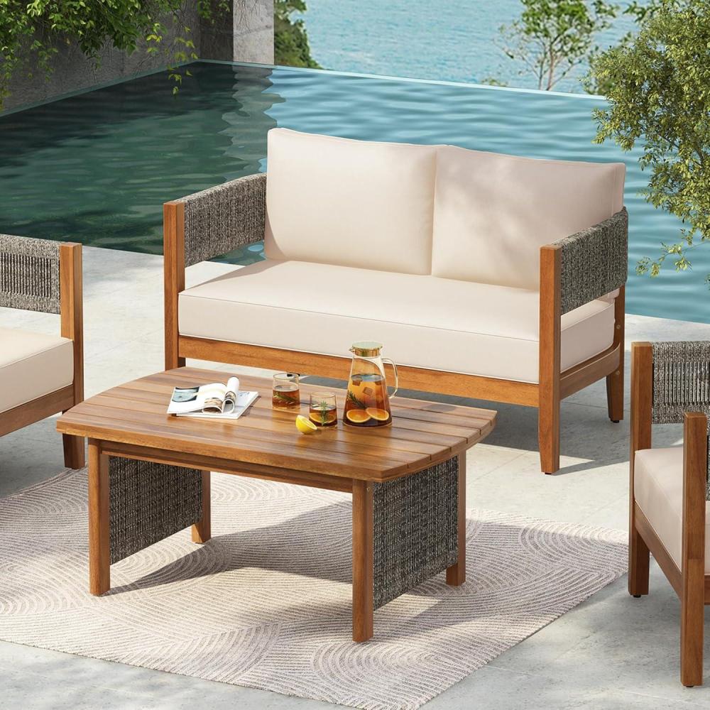 imageChristopher Knight Home Quixley Outdoor Acacia Wood Loveseat and Coffee Table Set with Cushions Wooden Patio Conversation Set with 2 Seater CouchCoffee Table Chat Set for Balcony Garden TeakBeige