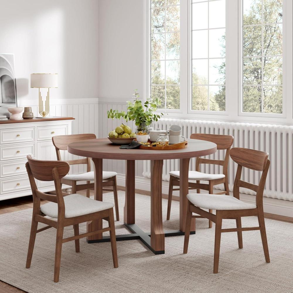 imageChristopher Knight Home Radoni 5 Piece Wooden Dining Set Round Dining Table Set for 4 Dining Room Table Set for HomeApartment Modern Kitchen Table with Upholstered Chairs Beige  NaturalWalnut  Light Beige