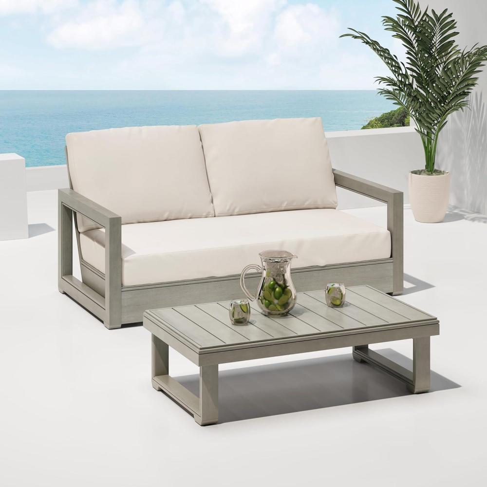 imageChristopher Knight Home Rammus 2 Pieces Outdoor Conversation Set Acacia Wood Chat Set Rectangular Coffee Table and Patio Loveseat Sofa Slat Design Patio Furniture Set for Garden Beige Light GreyBeige Light Grey