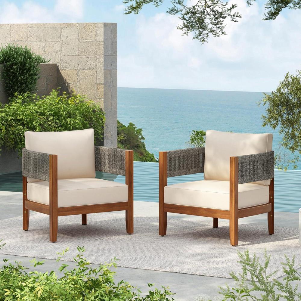 imageChristopher Knight Home Rekker Acacia Wood Outdoor Club Chair Set of 2 Patio Accent Chair with Removable Cushion Patio Furniture Set Comfy Reading Chair Wooden Single Lounge Sofa Set TeakBeige