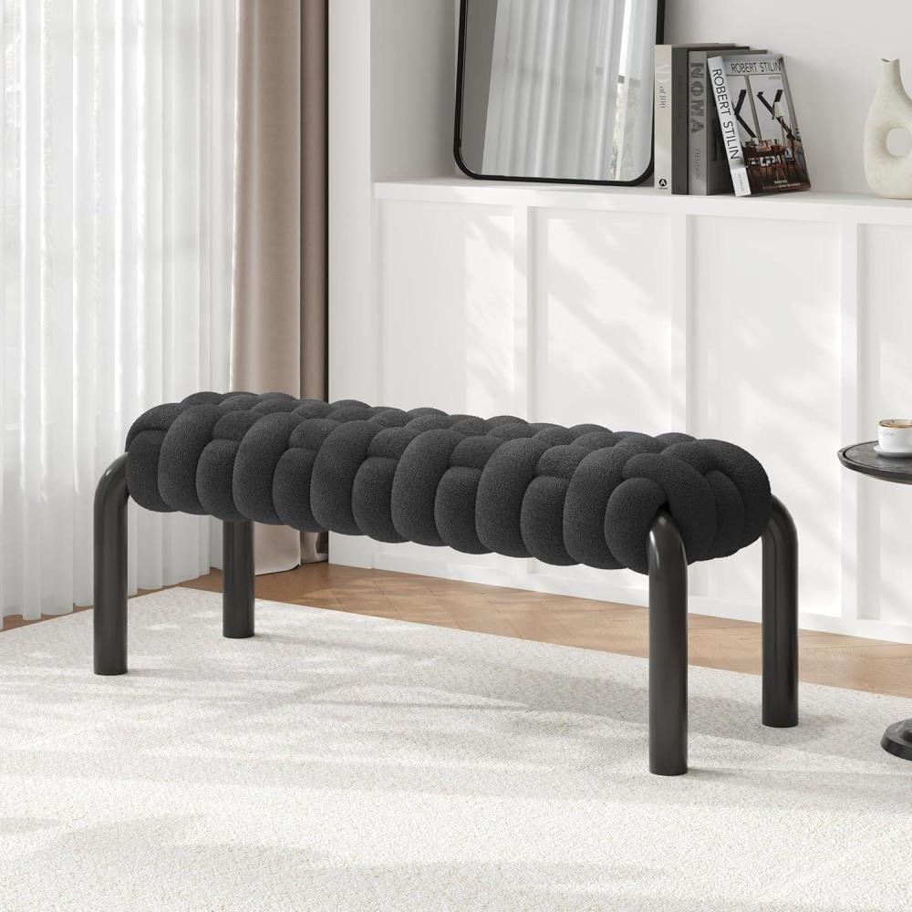 imageChristopher Knight Home Roach 41quot Modern Teddy Braided Upholstered Entryway Bench Ottoman Bench with Curved Metal Legs Long Footstool for Living Room Dining Room End of Bed Ottoman GreyGrey