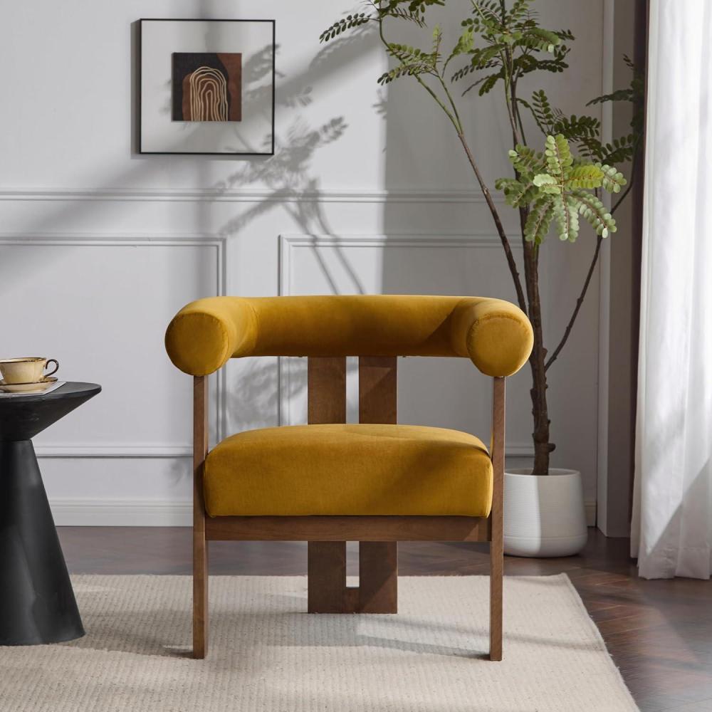 imageChristopher Knight Home Rones Modern Velvet Upholstered Accent Chair Wooden Living Room Club Chair with Curved Backrest Minimalist Bedroom Comfy Reading Chair Thick Padded Seat Dark BrownWalnutMustard Yellowbrown