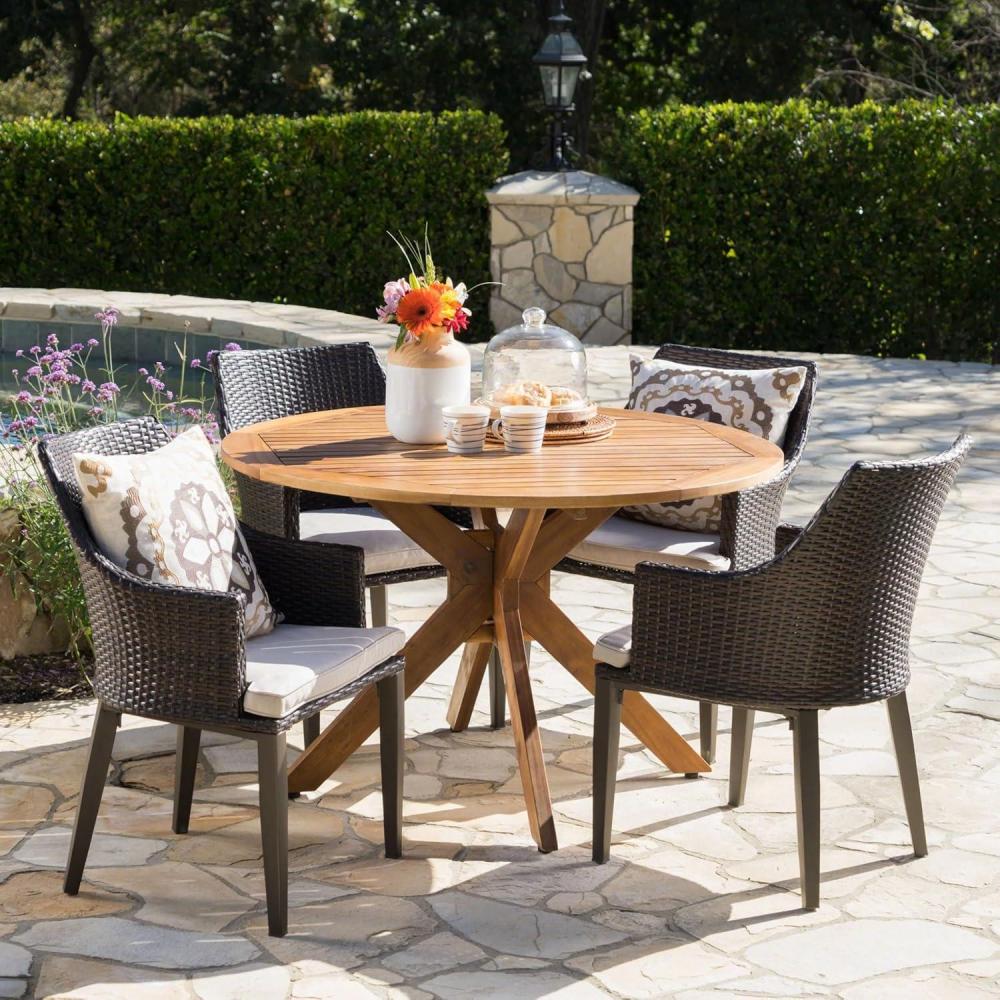 imageChristopher Knight Home Ryan Outdoor 5 Piece Multibrown Wicker Round Dining Set with Teak Finished Acacia Wood Table and Light Brown Water Resistant Cushions