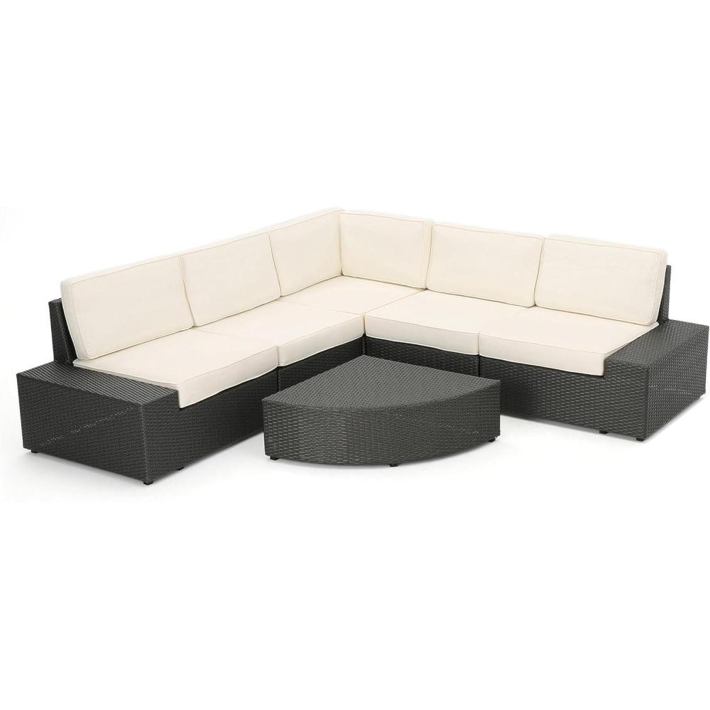 imageChristopher Knight Home Santa Cruz Outdoor Wicker Sectional Sofa Set with Water Resistant Cushions 6Pcs Set Grey  White
