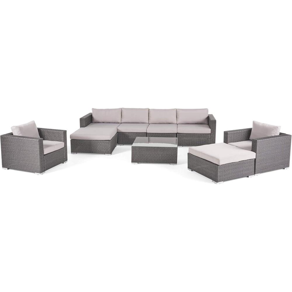 imageChristopher Knight Home Santa Rosa Outdoor 6Seater Wicker Sectional with Aluminum Frame and Water Resistant Cushions 9Pcs Set Grey  Silver