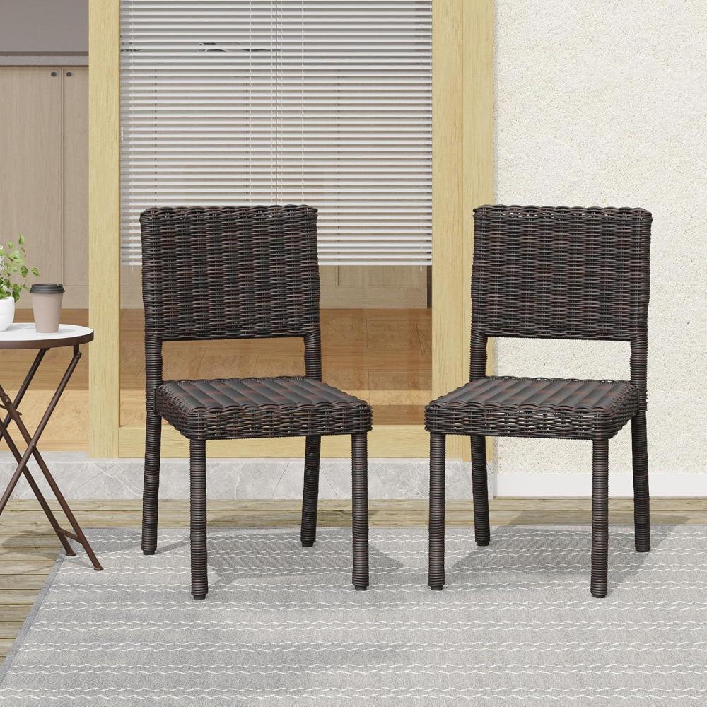 imageChristopher Knight Home Set of 2 Farley Patio Wicker Dining Chairs OutdoorIndoor Woven PE Rattan Accent Armless Chair Sturdy Metal Frame GardenPorchPoolsideBackyard Side Chair Dark Brown