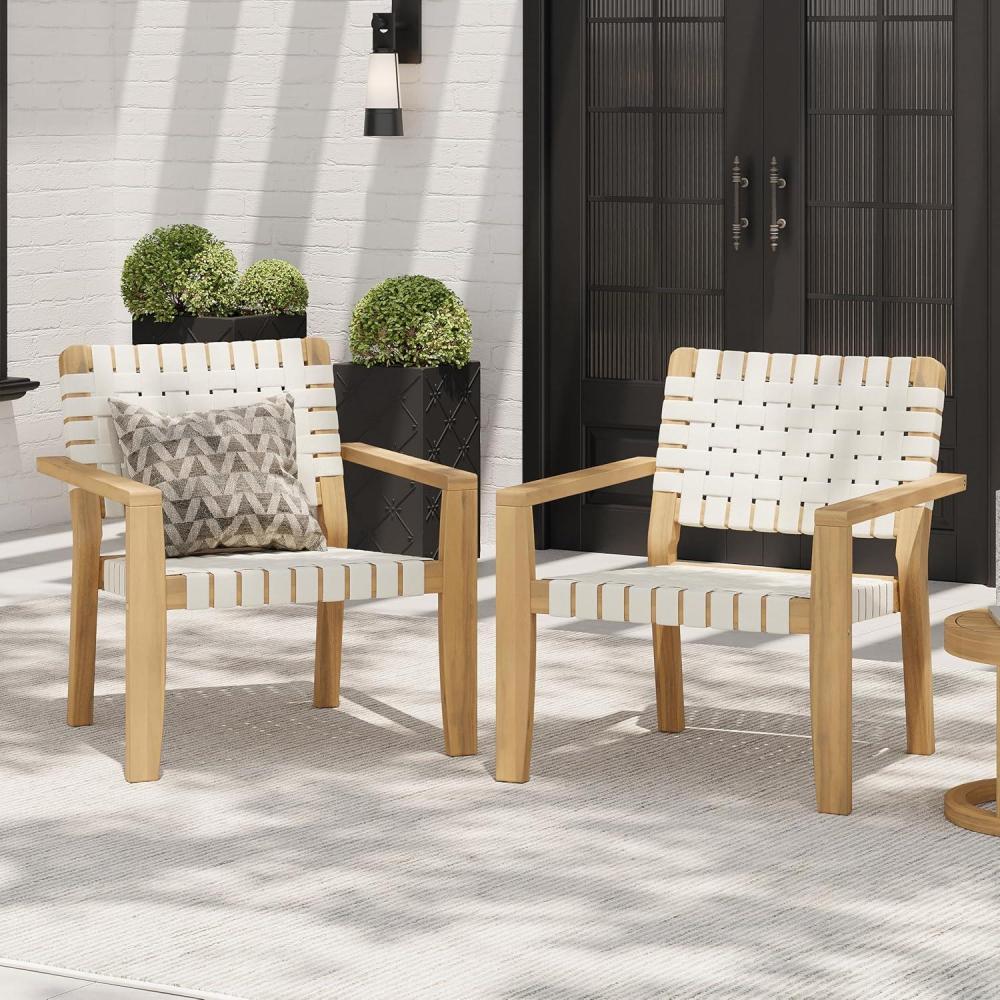 imageChristopher Knight Home Set of 2 Lena Patio Furniture Acacia Wood Armchair Woven Rope Outdoor Club Chair Deep Seating Porch Chairs for Garden BackyardBalcony Light Teak Finish ampamp BlackLight Teak Finish White