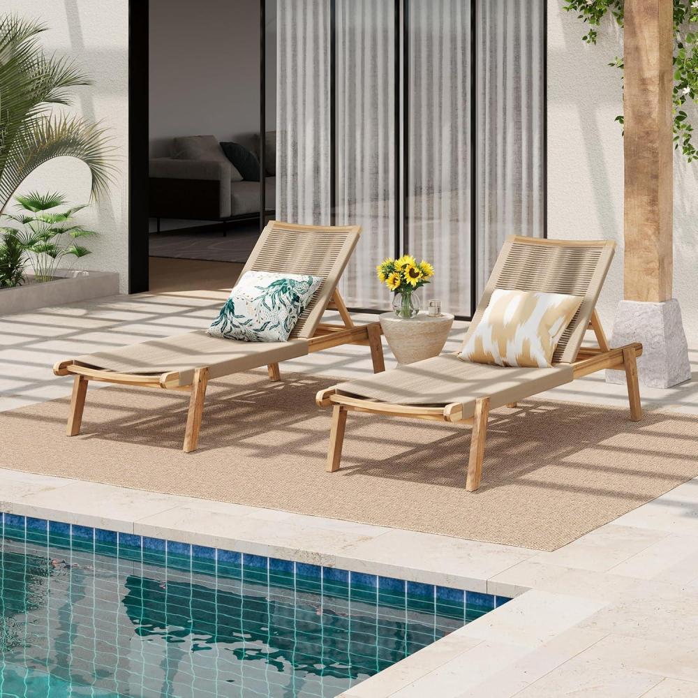 imageChristopher Knight Home Set of 2 Outdoor Patio Wood Adjustable Chaise Lounges with Rope Seating Rope Chaise Lounge with Acacia Wood Frame Chaise Lounge for Poolside Balcony Yard TeakBeige