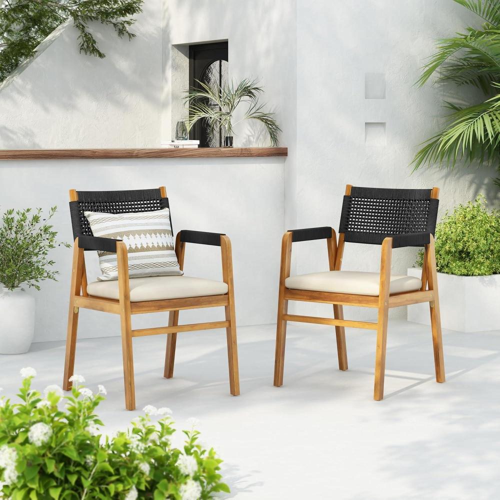 imageChristopher Knight Home Set of 2 Terry Farmhouse Country Patio Acacia Wood Dining Armchairs Outdoor Side Chair with Rope Woven BackrestGardenBackyard Accent Chair with CushionsBlackNatural BrownBlacknatural Brown