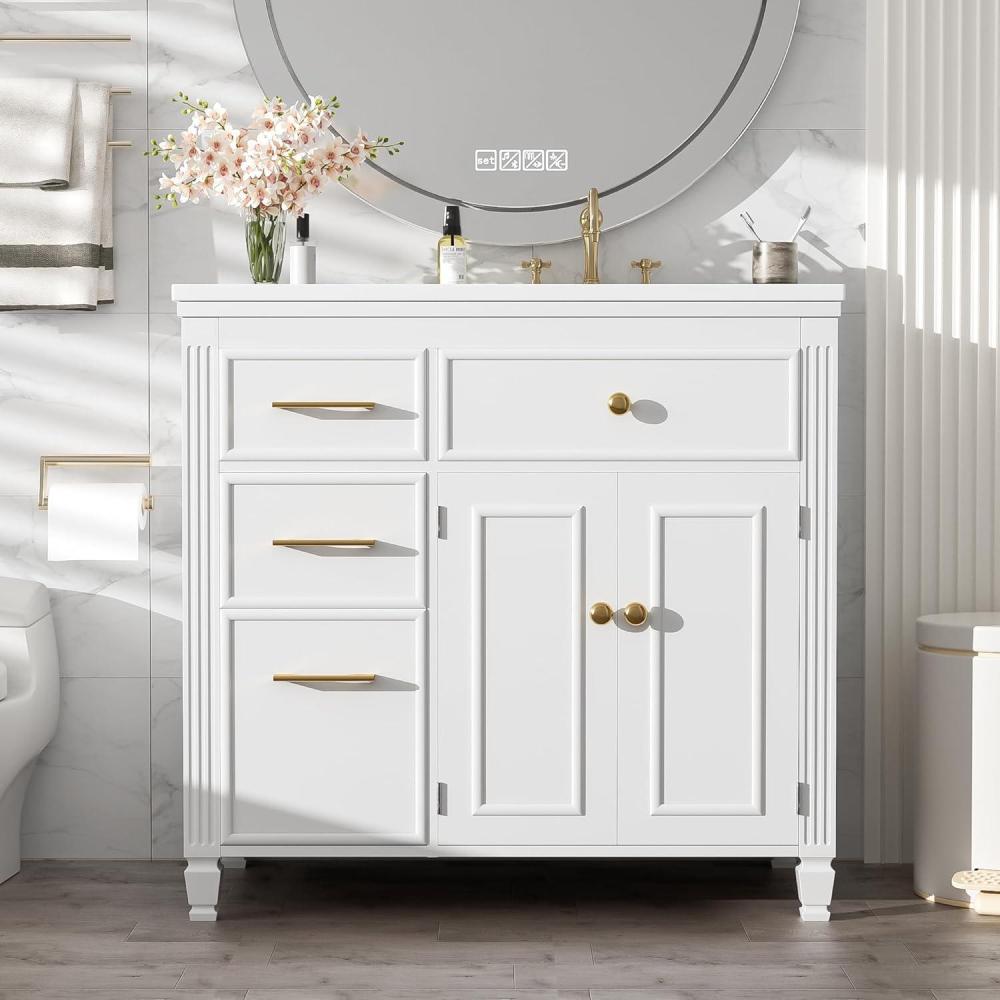 imageChristopher Knight Home Shandy 36quot Bathroom Vanity with Ceramic Sink Freestanding Wooden Bathroom Vanity Organizer Soft Closing Door Bathroom Storage Cabinet with Drawer and Adjustable Shelf BlackWhite