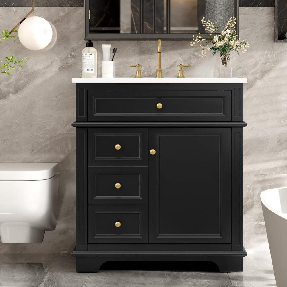 imageChristopher Knight Home Silane 30quot Bathroom Vanity with Ceramic Sink Freestanding Wooden Bathroom Vanity Organizer Soft Closing Door Bathroom Storage Cabinet with Drawer BlackBlack