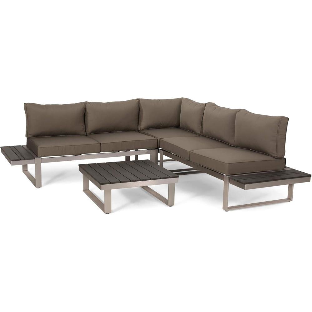 imageChristopher Knight Home Stacy Outdoor Aluminum VShaped 5 Seater Sofa Set with Cushions Dark Gray Gray and NaturalSilver  Gray  Khaki