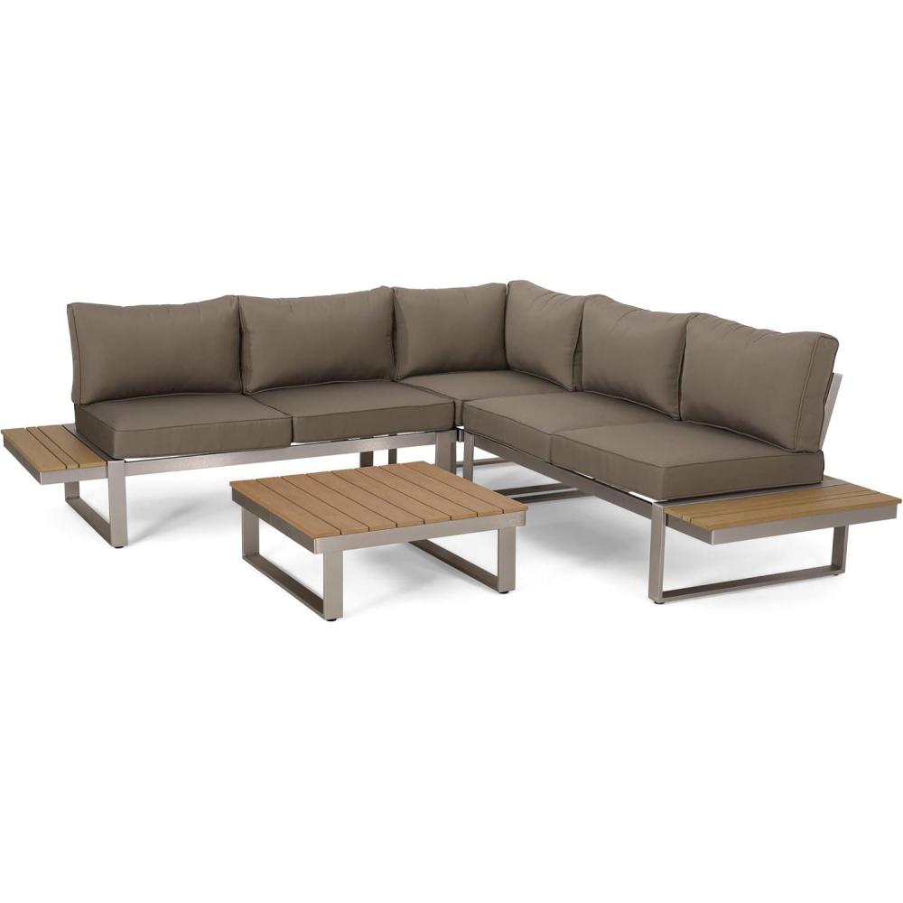 imageChristopher Knight Home Stacy Outdoor Aluminum VShaped 5 Seater Sofa Set with Cushions Dark Gray Gray and NaturalSilver  Natural  Khaki