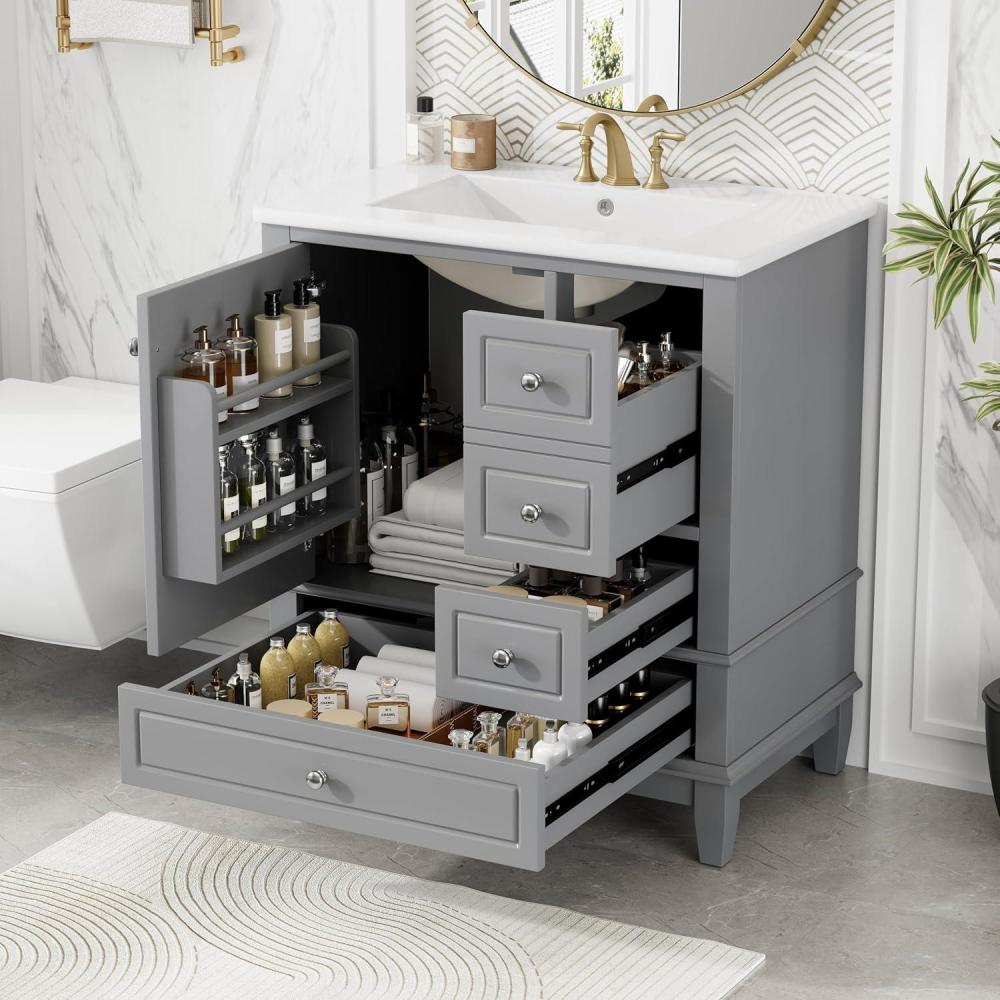 imageChristopher Knight Home Supah 30quot Bathroom Vanity with Ceramic Sink Rubberwood Frame One Door with Shelf and Three Drawers Storage Cabinet Toilet Organizer Soft Close Door Light GreenGrey