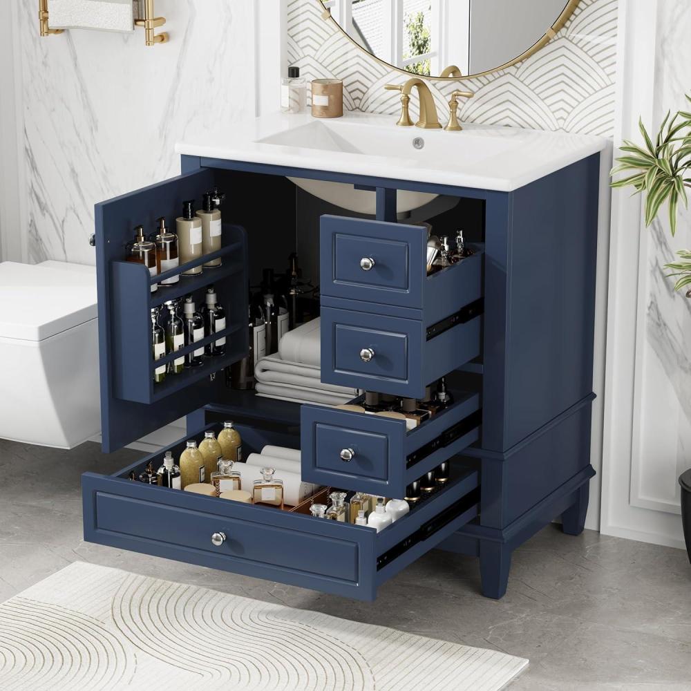 imageChristopher Knight Home Supah 30quot Bathroom Vanity with Ceramic Sink Rubberwood Frame One Door with Shelf and Three Drawers Storage Cabinet Toilet Organizer Soft Close Door Light GreenBlue