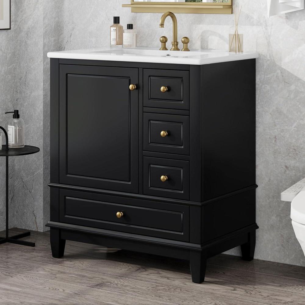 imageChristopher Knight Home Supah 30quot Bathroom Vanity with Ceramic Sink Rubberwood Frame One Door with Shelf and Three Drawers Storage Cabinet Toilet Organizer Soft Close Door Light GreenBlack