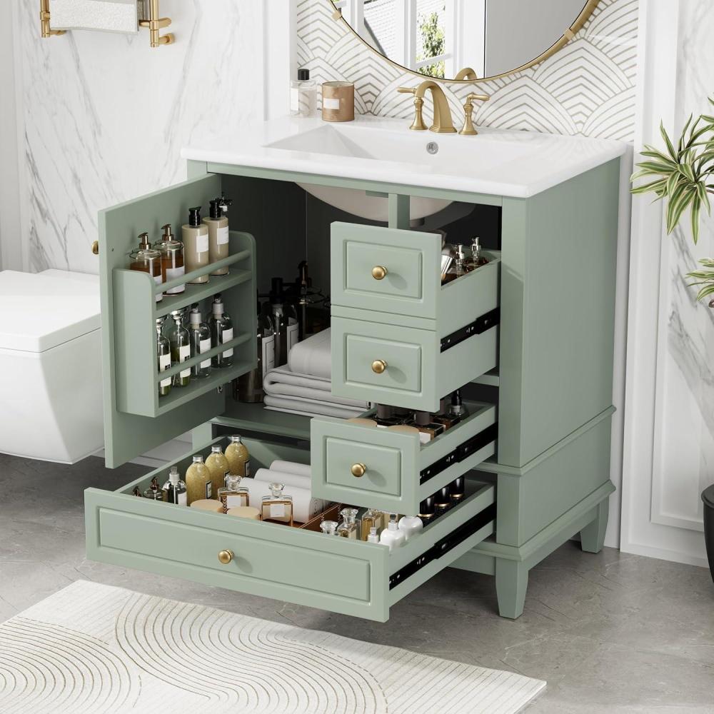 imageChristopher Knight Home Supah 30quot Bathroom Vanity with Ceramic Sink Rubberwood Frame One Door with Shelf and Three Drawers Storage Cabinet Toilet Organizer Soft Close Door Light GreenLight Green