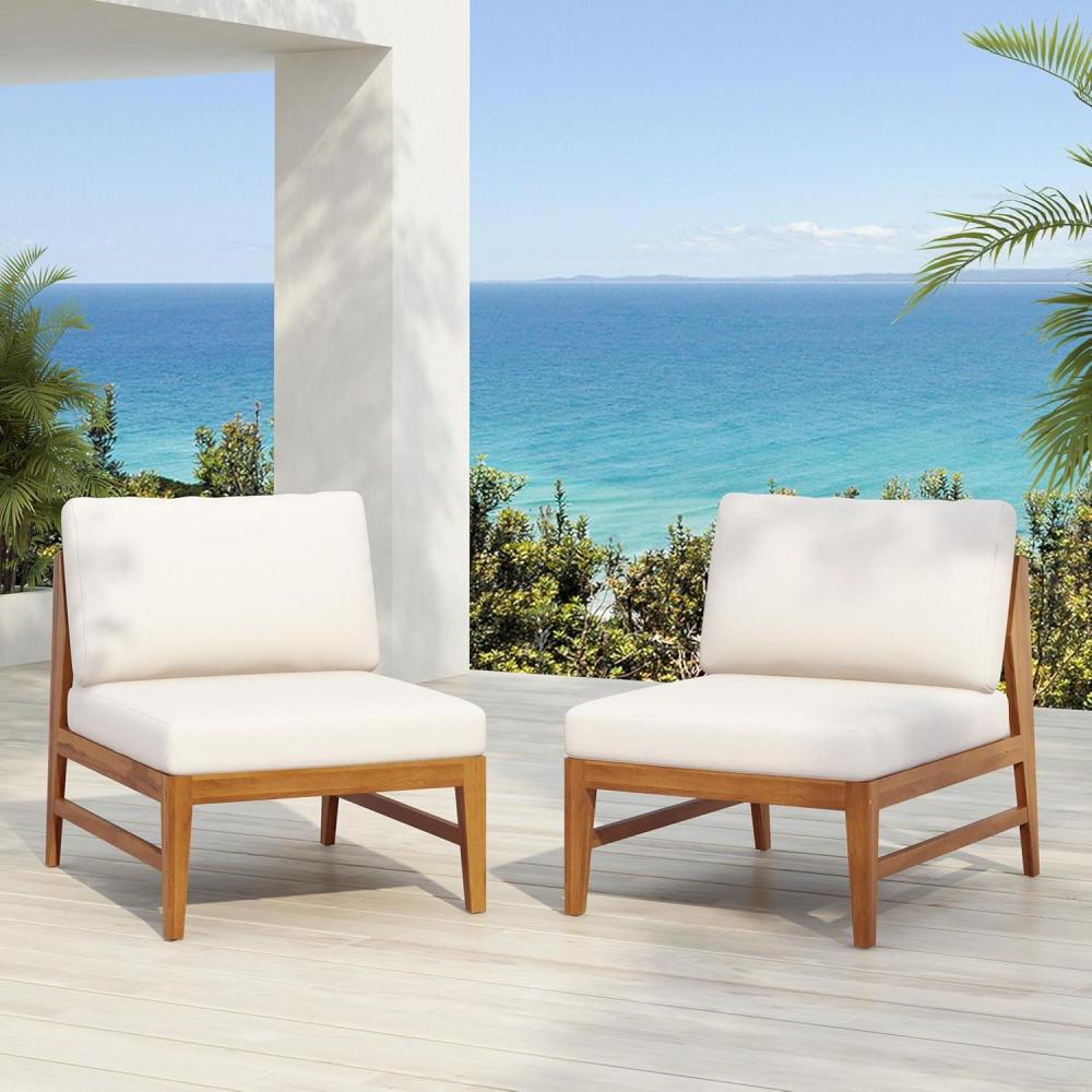 imageChristopher Knight Home Suri Set of 2 Acacia Wood Lounge Chair Outdoor Contemporary Accent Chair Set with Weather Resistant Cushion Deep Seating Armless Comfy Patio Chairs Teak Cream