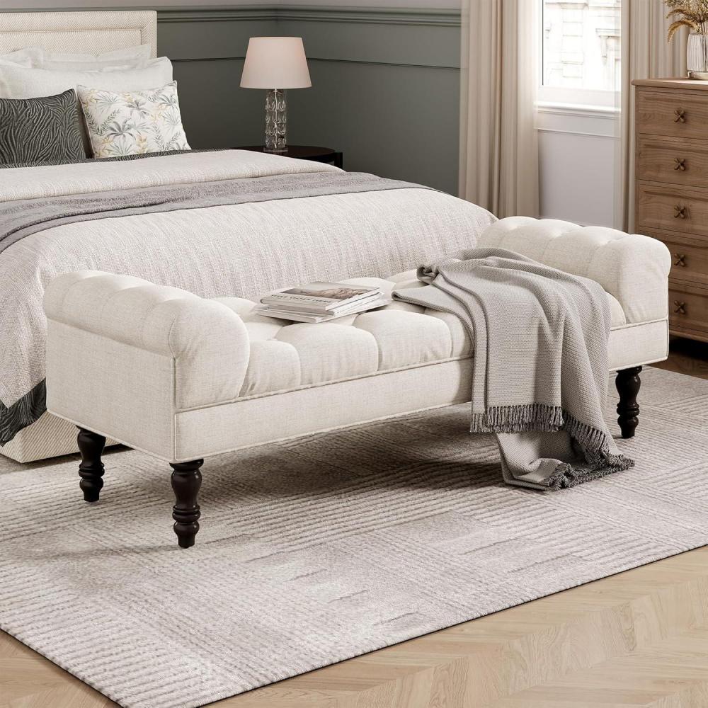 imageChristopher Knight Home Teaki MidCentury Modern Upholstered Ottoman Bench Wooden Bedroom End of Bed Bench Tufted Top Entryway Ottoman Foot Rest Living Room Sofa Extra Seat PinkBeige