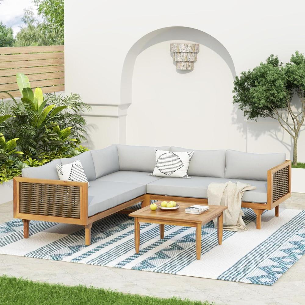 imageChristopher Knight Home Tenntt 5Seater Acacia Wood Patio Furniture Set Outdoor Conversation Sofa Chat Set with Coffee Table Wicker Arm Sectional Seating Group for Backyard Balcony TeakLight GrayTeaklight Gray