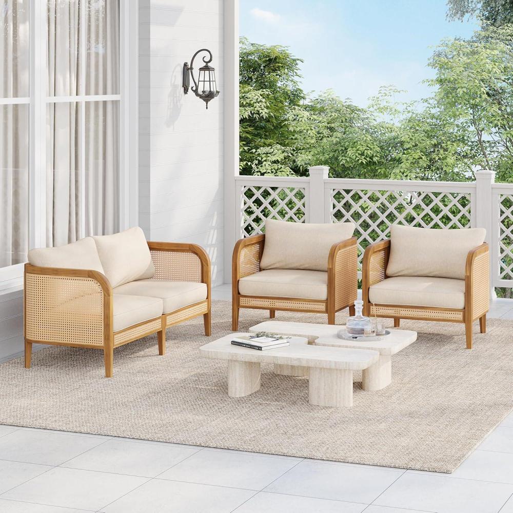 imageChristopher Knight Home Tilden 3Piece Patio Furniture Set 4Seater Acacia Wood Outdoor Patio Sectional Furniture Set Garden Wicker Loveseat and Accent Chair Set with Removable Cushions TeakBeige
