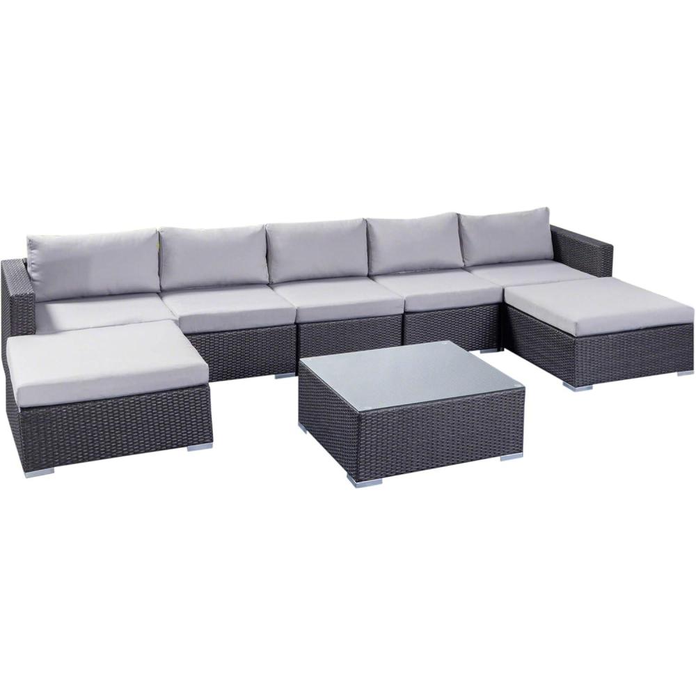imageChristopher Knight Home Tom Rosa Outdoor 5 Seater Wicker Sectional Sofa Set Grey with Silver Cushions