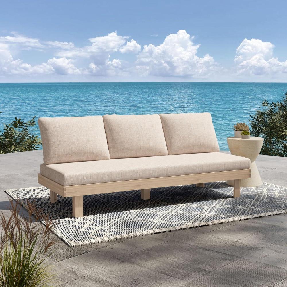 imageChristopher Knight Home Topia Acacia Wood Outdoor 3 Seater Sofa with Cushion Wooden Patio Sofa Couch with Cushion Comfy Armless Cloud Sofa Couch Patio Furniture Sofa Set Light WashBeige