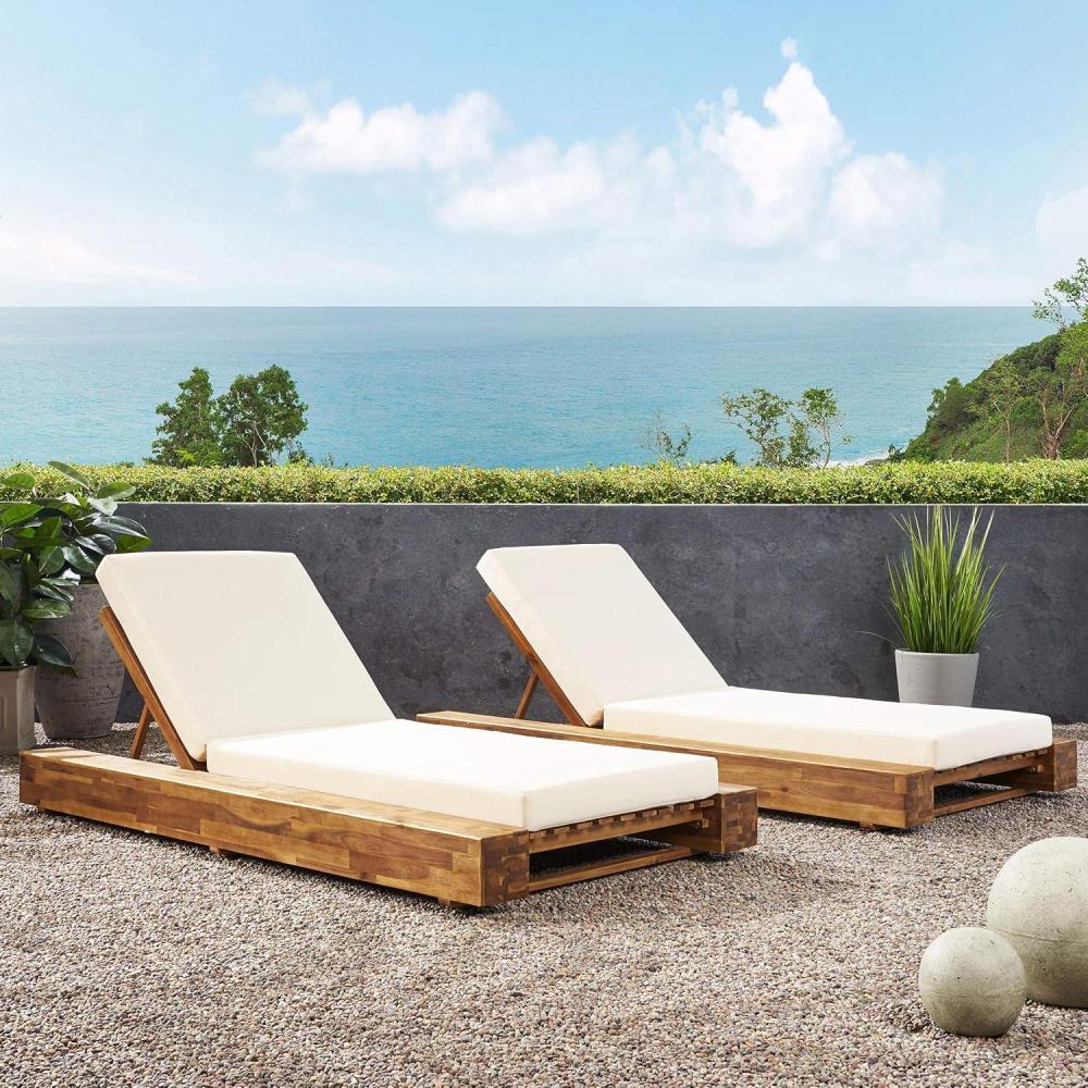 imageChristopher Knight Home Tory Acacia Wood Chaise Lounge Chair Outdoor Set of 2 Adjustable Backrest Sun Lounger Recliner Patio Outdoor Chaise Lounge with 4quot Thick WaterResistant Cushions TeakCream