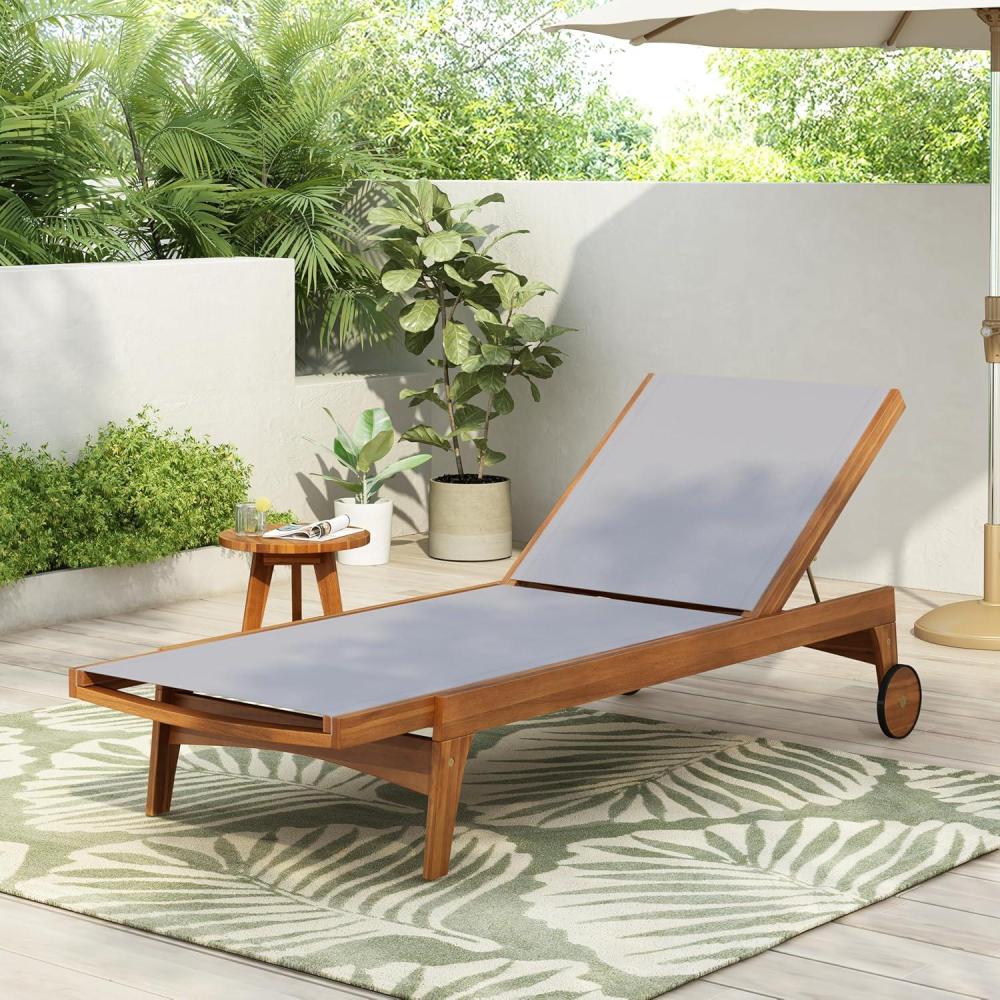 imageChristopher Knight Home Tristy Chaise Lounge Chair Outdoor Acacia Wood Frame Sunbathing Pool Lounger Adjustable Backrest Single Lounge Sofa Patio Lounge Chaise for Poolside Green  NaturalGrey  Natural