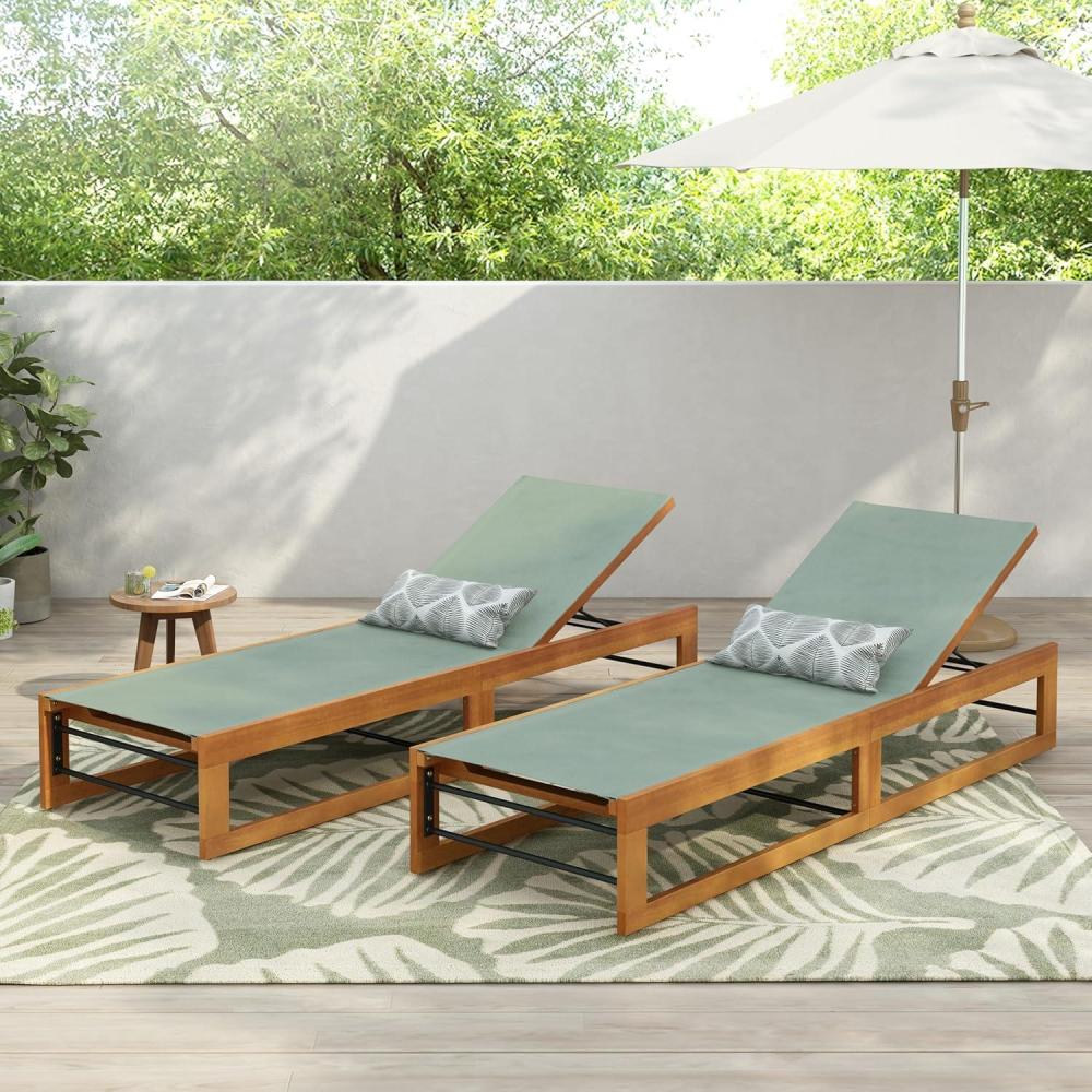 imageChristopher Knight Home Tristz Patio Chaise Lounge Chair Outdoor Set of 2 Acacia Wood Sunbathing Pool Lounger with Breathable Mesh Seat Adjustable Backrest Reclining Chair Teak BeigeTeakmint Green