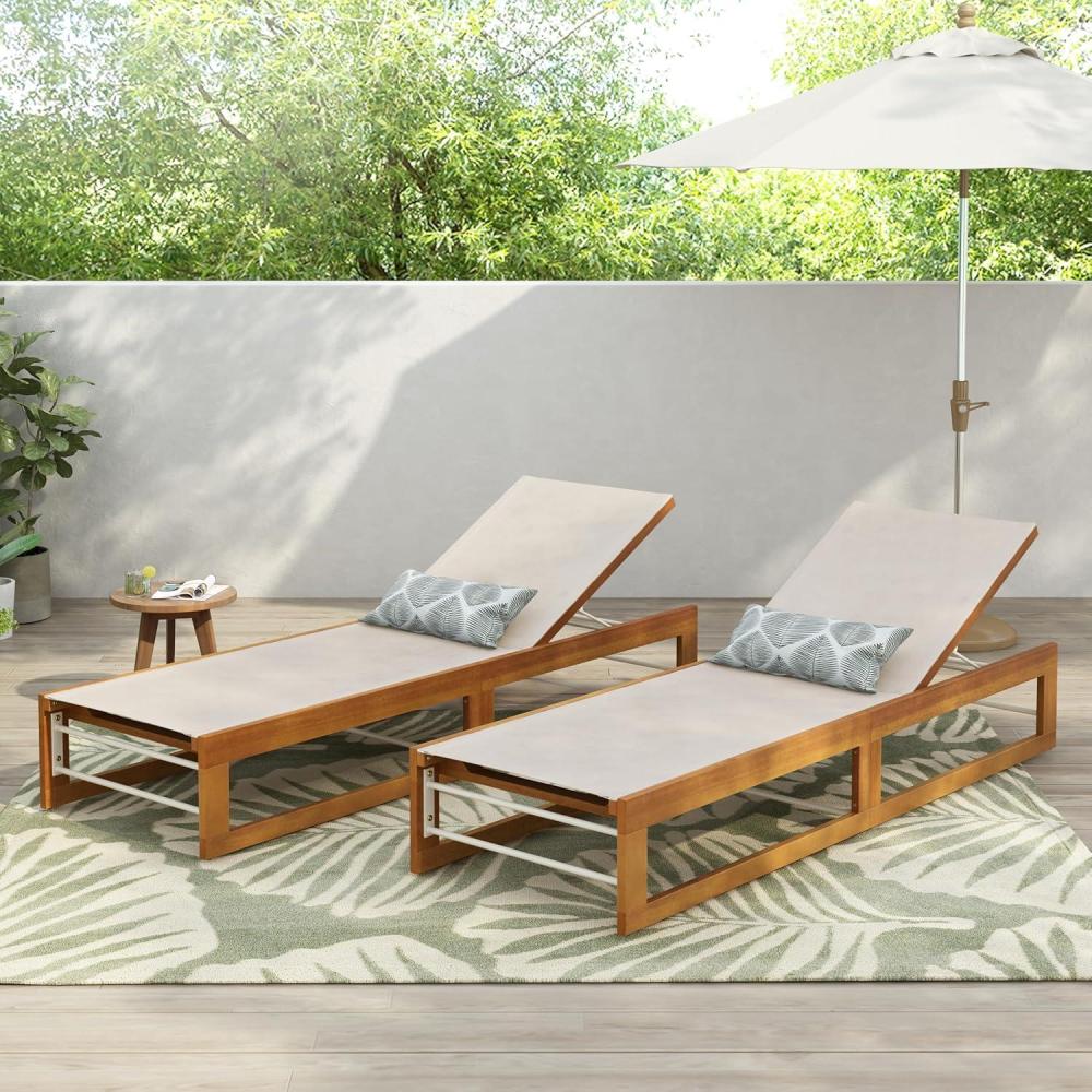 imageChristopher Knight Home Tristz Patio Chaise Lounge Chair Outdoor Set of 2 Acacia Wood Sunbathing Pool Lounger with Breathable Mesh Seat Adjustable Backrest Reclining Chair Teak BeigeTeak Beige
