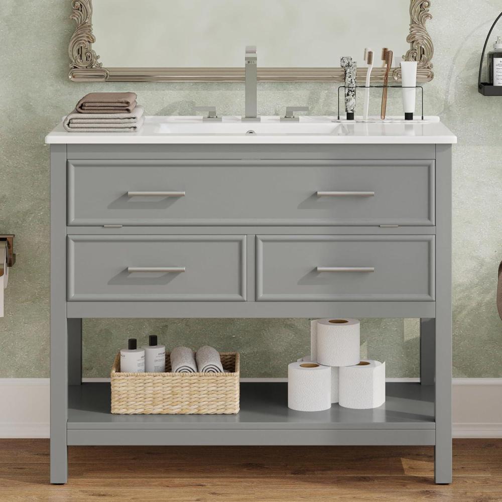 imageChristopher Knight Home Udell 36quot Bathroom Vanity with Sink Modern Freestanding Bathroom Sink Cabinet with TipOut Drawer and Open Shelf Bathroom Storage Cabinet with Sink Combo Set BlueGrey