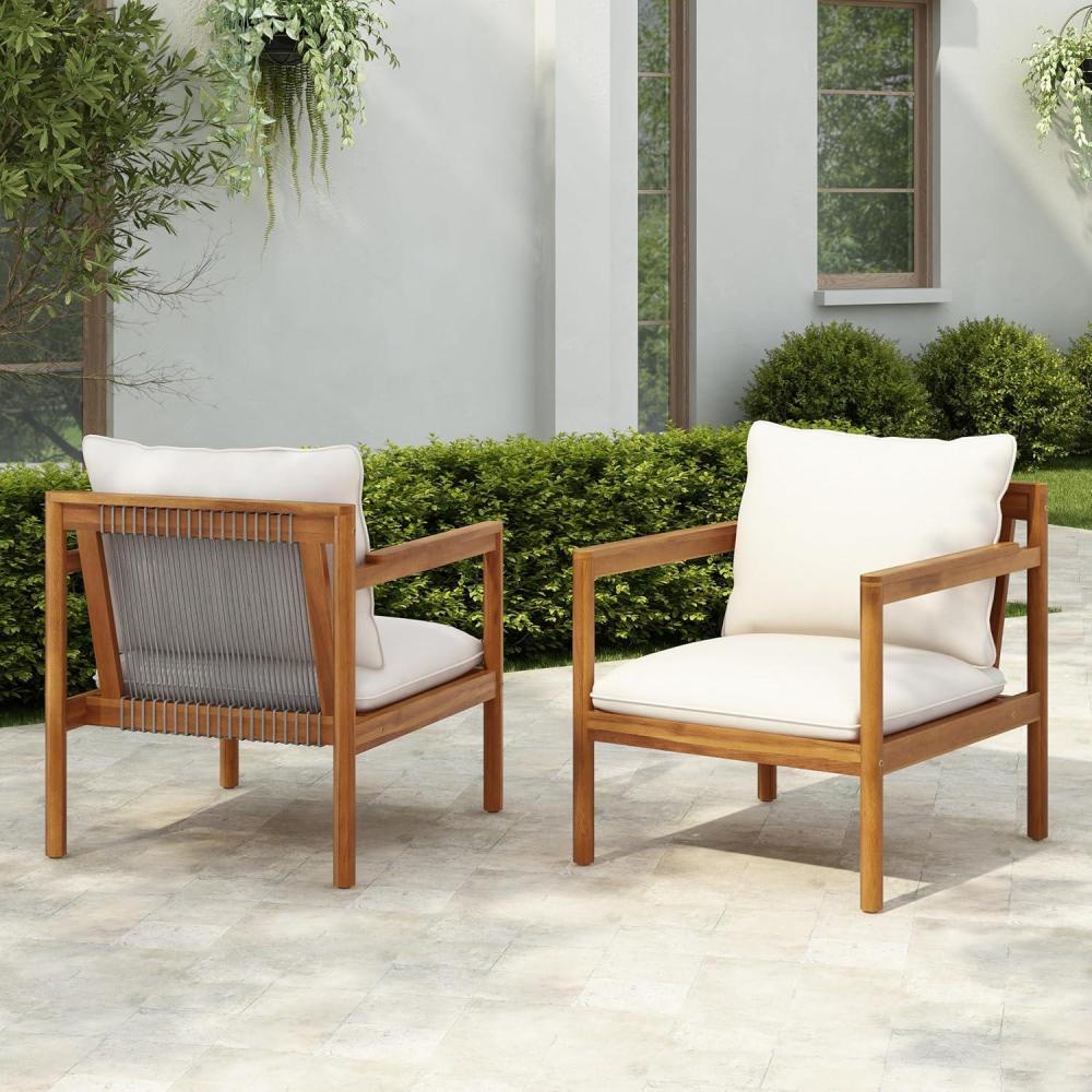 imageChristopher Knight Home Veera Set of 2 Acacia Wood Lounge Chair Outdoor with Rope Accent Accent Chair with WaterRepellent Cushions Comfy Chairs for GardenBackyard Patio Furniture Teak Cream