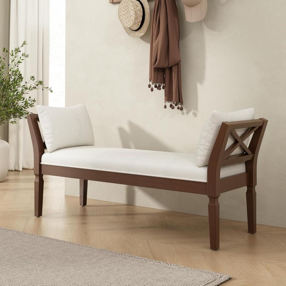 imageChristopher Knight Home Viko Farmhouse Wooden Living Room Ottoman Bench with Crossback Detail Upholstered End of Bed Ottoman with Armrest Long Entryway Bench Long Seating for Bedroom BeigeWalnut