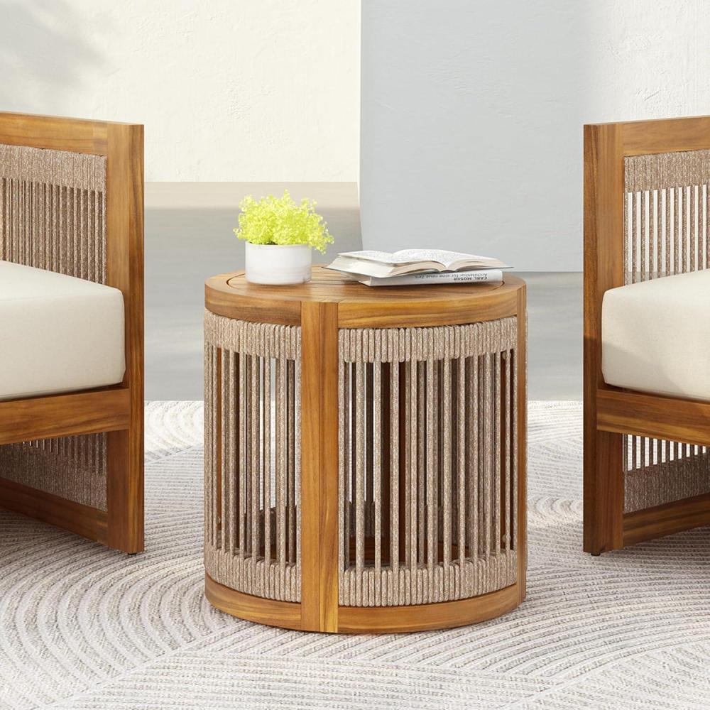 imageChristopher Knight Home Viktor Acacia Wood Outdoor Side Table Patio Round Coffee Table with Woven Rope Accents Table for Patio Furniture Set Elegant Slatted Design WeatherResistant Teak