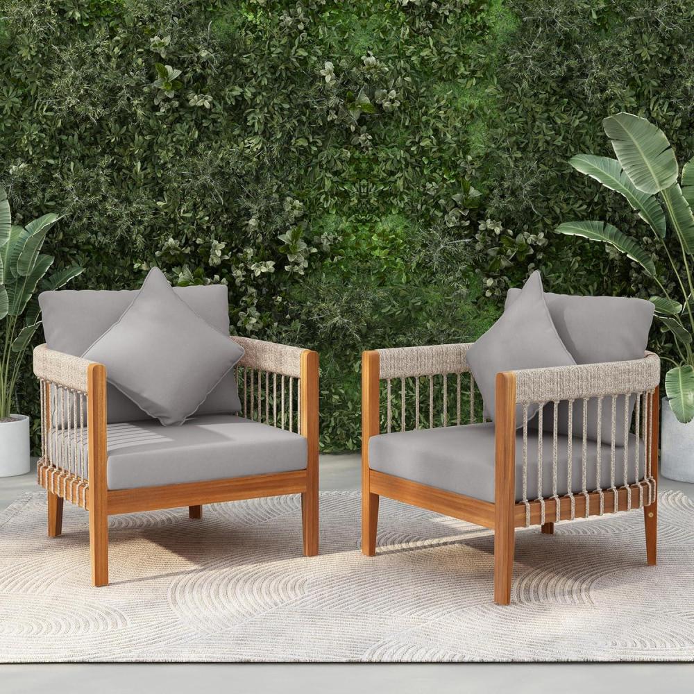 imageChristopher Knight Home Vinny Outdoor Accent Chairs Set of 2 Acacia Wood Club Chair Handwoven Rope Armchair with Removable Cushions Comfort Seating Reading Sofa for Garden Backyard GreenBeigeGrey