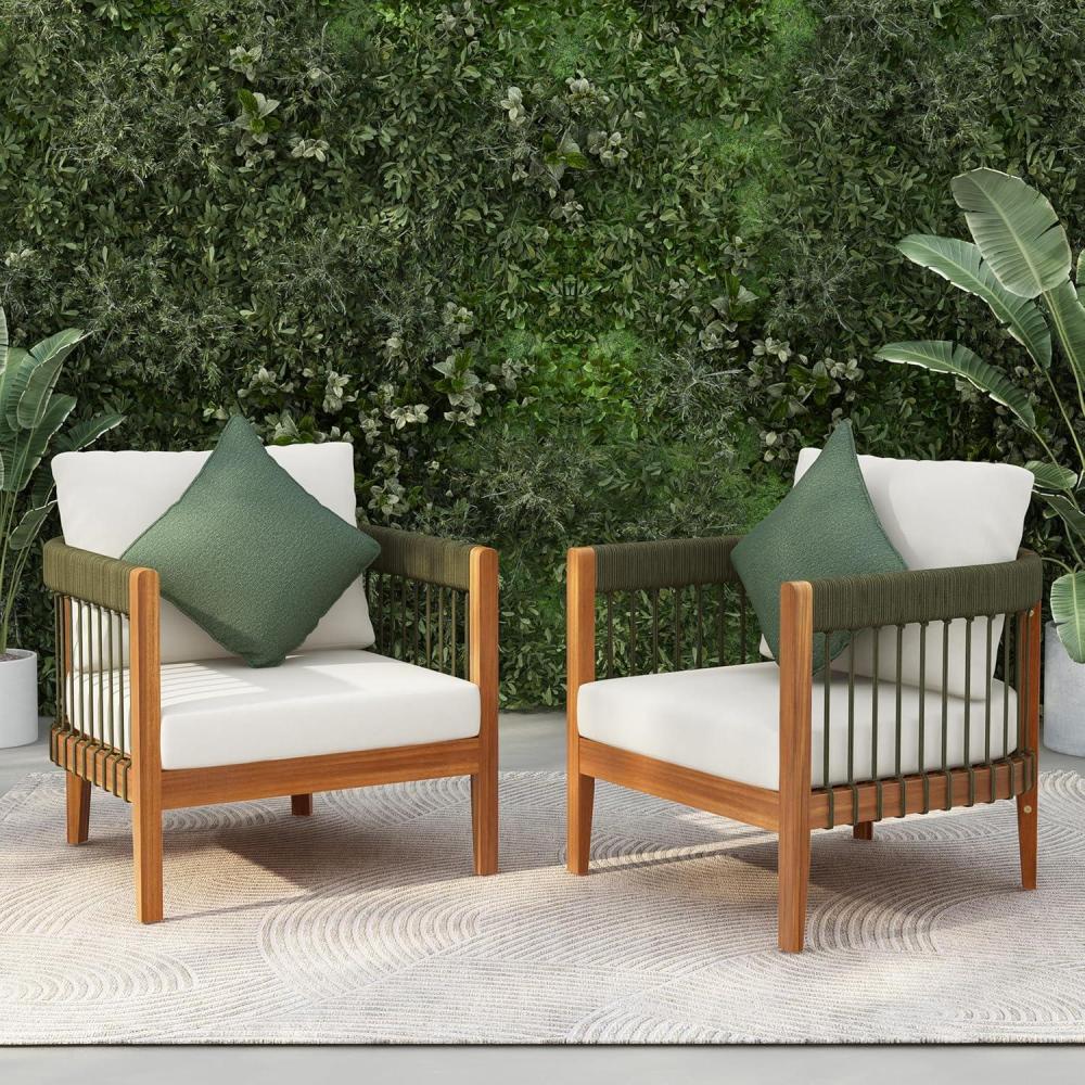imageChristopher Knight Home Vinny Outdoor Accent Chairs Set of 2 Acacia Wood Club Chair Handwoven Rope Armchair with Removable Cushions Comfort Seating Reading Sofa for Garden Backyard GreenBeigeGreenbeige